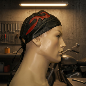 HMB-901F LEATHER SKULLCAP DURAG FLAME <b>BANDANA</b> SKULL CAP HATS RED FLAME STYLE HATS - Product Image 3