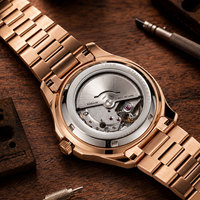 OBLVLO Montre Automatique de Luxe Ronde 40mm Or Rose Lumineuse avec Lunette Zircon/Moissanite Baguette Arc-en-ciel Élégante FM-DSL-AD