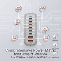 Hub de charge de bureau multi-PD QC 8 ports 580W GaN III Type-C PD140W PD100W PD30W QC20W Chargeur rapide