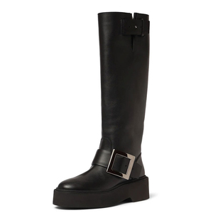 Women Low <b>Heel</b> Knight Boots <b>Round</b> <b>Toe</b> Knee High Long Booties Flat Big Metal Buckles Ladies Thick Sole Shoes - Product Image 1
