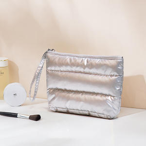 Custom Quilted <b>Silver</b> Zipper Nylon Makeup <b>Clutch</b> Travel Flat Pouch for Women - Product Image 2