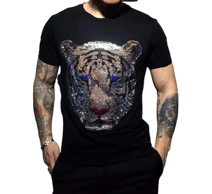 Camisetas informales con diamantes de imitación de tigre para hombre, cuello redondo, antipilling, novedad