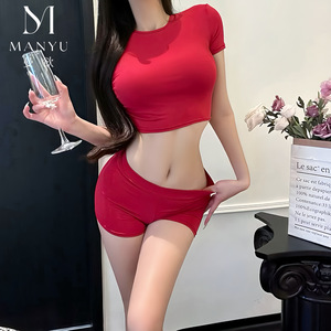 Camiseta Roja con Hombros Descubiertos al Estilo de las Influencers, Conjunto de Lencería Sexy y Atractivo que Expone la Cintura para Mujer 9419 - Product Image 3