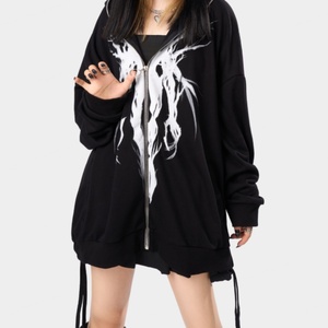 Sweat à capuche tendance noir à fermeture éclair intégrale, style hip-hop, broderie sur le devant, manches longues, sweat-shirts à capuche - Product Image 5