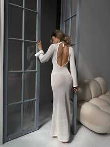 WD16 Gebreide katoenen sexy clubjurk met empiretaille, split, effen maxi-avondjurk, open rug, bohemian zeemeerminsilhouet - Product Image 4