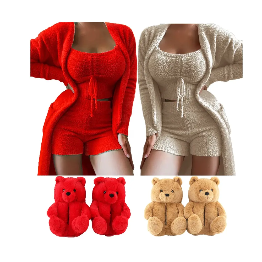 Women Clothings 2023 Cozy Pajama Lounge Wear Loungewear 3 Piece Sets Women Fuzzy Pajama Set For Women