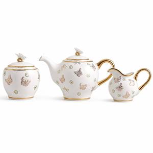 Ensemble de 3 pièces en porcelaine motif papillon : Théière, Pichet à lait, Sucrier à couvercle avec accents dorés – Vaisselle décorative pour la maison et idéale pour offrir - Product Image 1