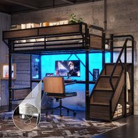 Cama Loft Industrial Moderna de Metal Tamanho Twin com Escrivaninha, Estação de Carregamento, Fita LED, Pegboard, Cestos de Malha e Escada para Armazenamento