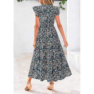 FOXA Vestido midi floral para mujer, manga corta, cuello en V, volantes, corte en A, estilo bohemio, informal, para vacaciones en la playa - Product Image 2