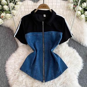 Summer Casual Sport One Set for <b>Women</b> Eco-Friendly Anti-Wrinkle Breathable Slim Sweat Suits Color Blocking V-neck Full-Length - Product Image 2