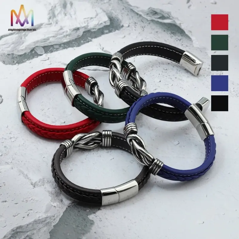 New Design 5 Colors Men Leather Bracelet with Stainless Steel Lock Engravable Bracelet