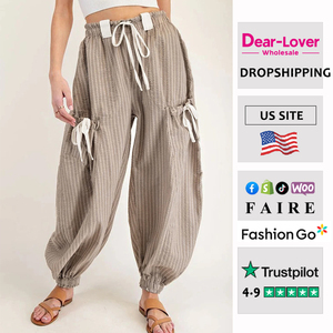 Dear-Lover Venta al por mayor Mujeres Brown Stripe Cordón Cargo Casual Jogger Pantalones con bolsillos - Product Image 1