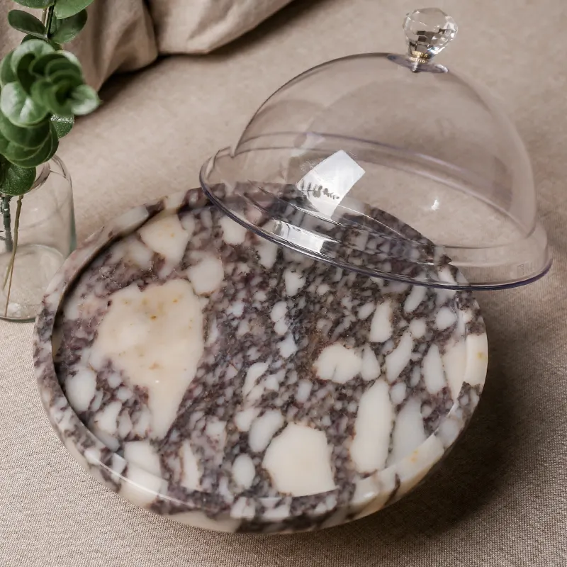 Prix de gros conception gratuite pierre naturelle calacatta viola extra large luxe marbre support à gâteau avec couvercle