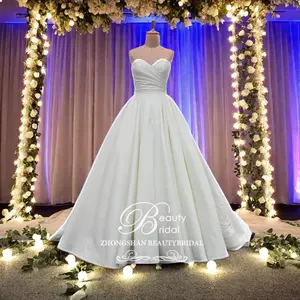 Factory Simple Ivory A-Line Wedding Dress Lace Applique Satin Pleated Backless Zipper Pockets Decoration Floor-Length