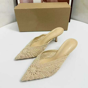 Ladies Handmade Crochet Upper Beaded Embellished <b>Kitten</b> <b>Heel</b> <b>Mules</b> Pointed Toe Backless Pumps Quality Women Sandals - Product Image 2