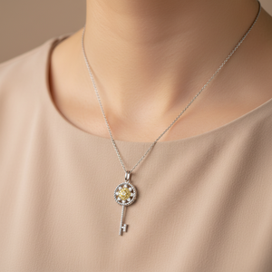 Exclusive Handmade Key Design 18K Solid Gold 13 Pcs Natural Yellow Diamond With Natural Diamond Pendant Necklace For Women Gift - Product Image 4