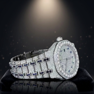 Montre de luxe en acier inoxydable avec bracelet en moissanite VVS, verre saphir de haute qualité, bracelet en cuir personnalisé avec logo Hip Hop, mouvement quartz ETA, étanche. - Product Image 2