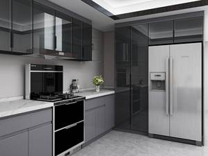 Meuble de cuisine îlot gris laqué brillant en contreplaqué à panneaux plats - Product Image 2