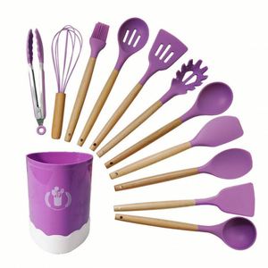 Ensemble de cuisine antiadhésif en silicone à manche en bois, 12 pièces, design populaire, couleurs personnalisées - Product Image 1