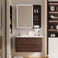 Meuble-lavabo mural et armoire miroir pour salle de bain, finition grain aluminium nid d'abeille, deux tiroirs de rangement, vasque en céramique, lampe tactile