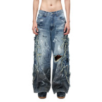 Jean en denim tissé taille mi-haute style graffiti vintage streetwear hip-hop, avec bords bruts et détails troués, ODM, pour toutes les saisons