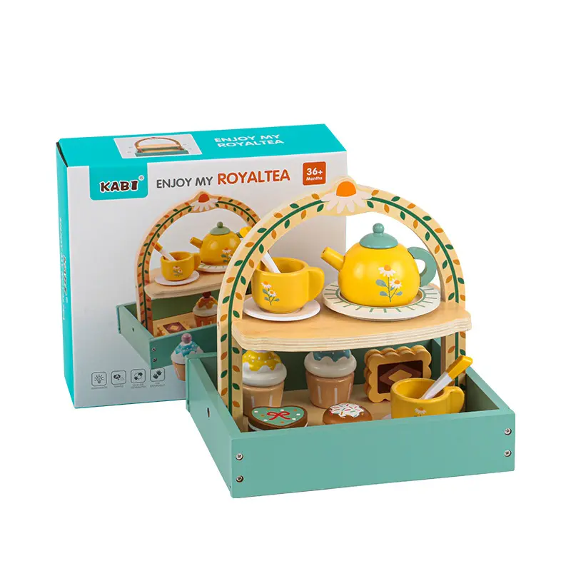 木製子供用プレイハウスロールプレイティーセットゲーム木製デザートティーパーティーセット幼児用おもちゃ