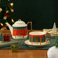 Service à thé en céramique vintage avec motif de fenêtre de Noël, garniture dorée, empilable, kit de thé de l'après-midi en porcelaine, cadeau de Noël et du Nouvel An