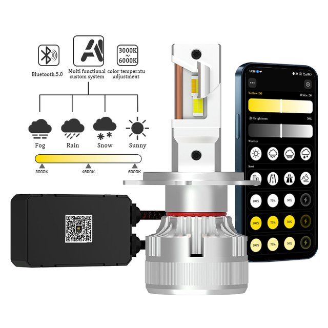Gview G18W H4 APP Controlled 130W LED Headlight Bulb with Durable Aluminum Material and Adjustable Tri Color 6000K Light for Car