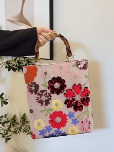 Vintage Fashion <b>Sequin</b> Tote Bag <b>Handbag</b> With Bamboo Handle, Large Capacity Hand Bag Flower Shoulder Bag for Women - Product Image 6