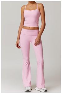 Ensemble de yoga pour femmes en tissu recyclé écologique, solide et respirant, soutien-gorge de sport à séchage rapide, pantalon évasé taille haute pour soulever les fesses, ensemble de 2 pièces - Product Image 3