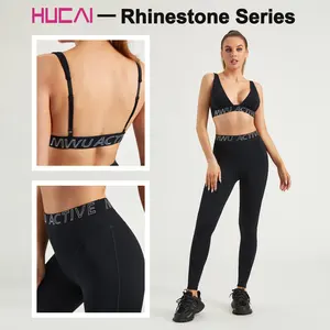 HUCAI OEM logo personalizzato a vita alta per il controllo della pancia sport con strass alfabeto cintura leggings da ginnastica pantaloni da yoga per le donne