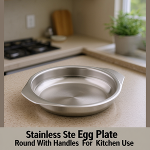 Plato para huevos de acero inoxidable redondo con asas para uso en la cocina - Product Image 3