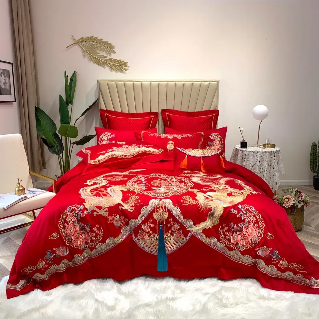 Chinese super king size ten-piece satin cotton bedsheets embroidered duvet cover luxury wedding red bedding sets