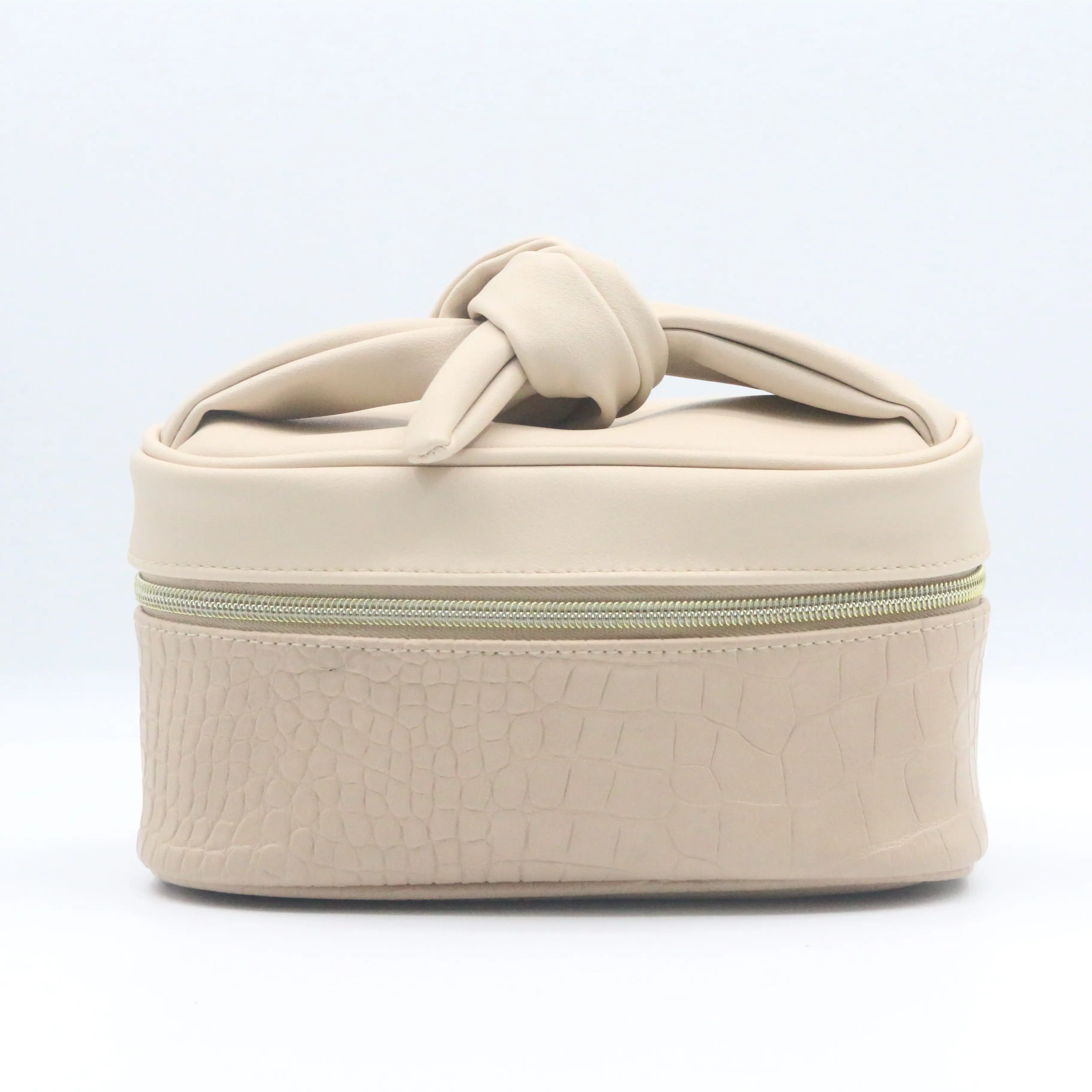 Sandy Beige Water-based PU Cosmetic Pouch Untie Bowknot Handle Perfectly Pale Class Alligator Pattern Waterproof PU Toiletry Bag