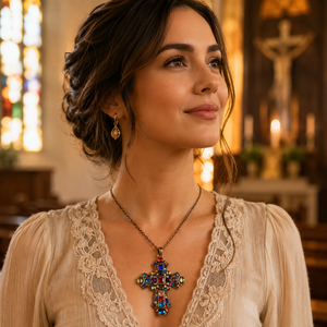 <span class=keywords><strong>Collana</strong></span> con Ciondolo a <span class=keywords><strong>Doppio</strong></span> <span class=keywords><strong>Cuore</strong></span> con Cristalli Scintillanti e Croce, Regalo per Donne, "Fede Speranza Amore" - Product Image 1