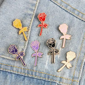 7 Colors Rose Broches Cartoon Vermelho Preto Rosa Violeta Flores Esmalte Pins Mulheres Vestido Lapel Pin Badge Lover Romântico Acessórios