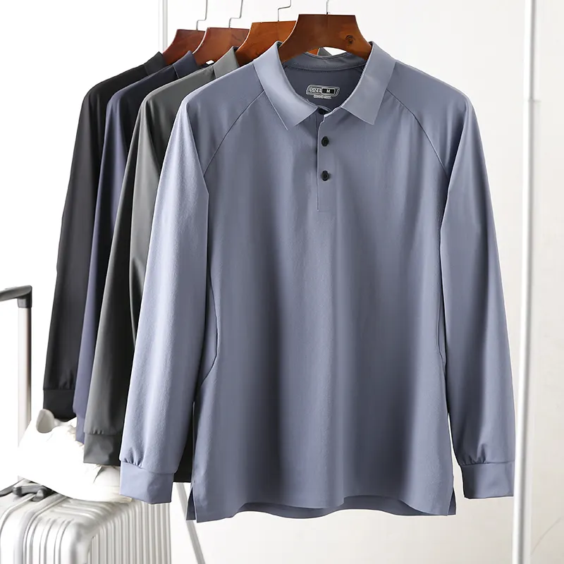 Breathable 4-Way Stretchy Button Men's Long Sleeve Polo Shirts Slim Fit Horse Riding Tops Sports Seamless Polo Shirts