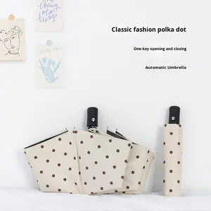 Parapluie pliant entièrement automatique à pois pour adulte, protection UV, revêtement noir, design simple, double usage soleil/pluie, fibre de polyester - Product Image 3