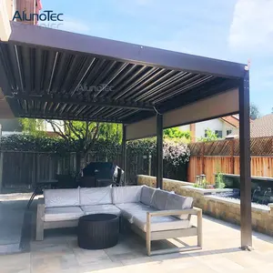 Outdoor Tuin Covers Aluminium Verstelbare Grey Pergola Luxe Louvre Tuinhuisje Met Led Strip Verlichting