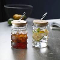 빨대가있는 골지 마시는 유리 컵 16oz 아이스 커피 잔 웨이브 버블 안경 텀블러 리플 유리 그릇 브러쉬