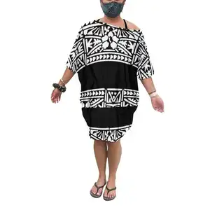 New Style Custom Free Size Summer Beach Dress Grey Polynesian Tonga Tribal Tatau Dresses Bat Sleeve Off Shoulder Womens Dresses