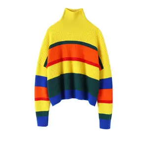 GUOOU Yellow retro color strip contrast color turtleneck cashmere sweater women's pure cashmere sweater short thickening