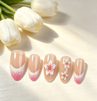 Faux ongles à presser tendance motif floral rose, forme amande, rose blush, vente en gros, pour fêtes et usage quotidien