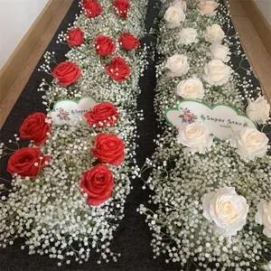 L-503 OEM Artificial Red Rose Flower Arrangement White Babybreath Red Rose Flower Table Runner For Wedding Decoration