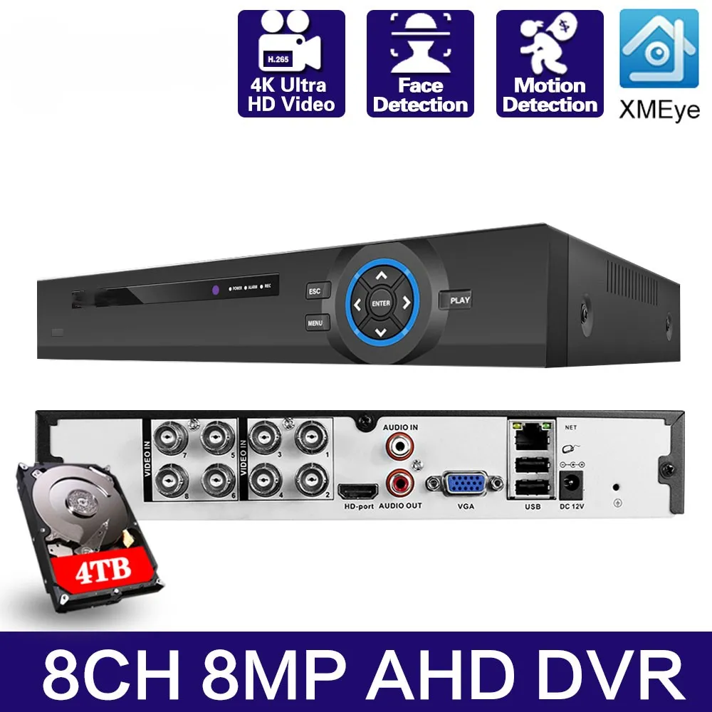 Ahd Dvr 6in 1 hibrid Tvi Cvi Ahd Cvbs Ip kamera dijital Video kaydedici güvenlik sistemi 8mp Xmeye Analog gözetim 8 kanal 4k