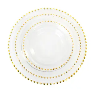 Plaque de chargeur ronde en or avec perles dorées pour dîner, verre transparent pour mariage, offre spéciale