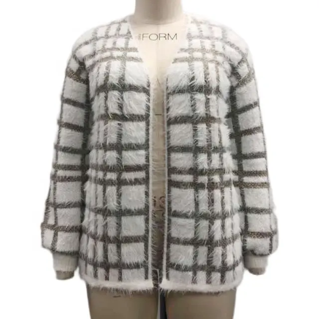 Long sleeve side pockets argyle pattern fuzzy short open cardigan custom women sweater