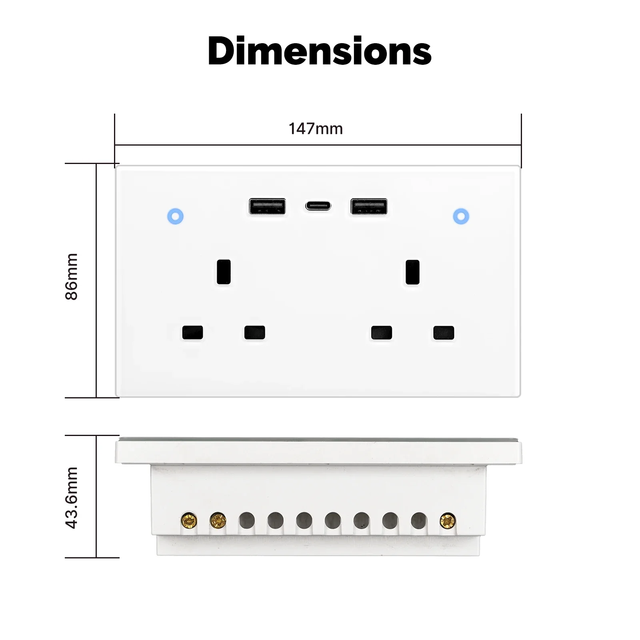 Tuya WiFi Smart Wall Socket UK Outlet 13A Touch Switch USB Type-C Charging Ports Remote Energy Monitoring Work With Alexa