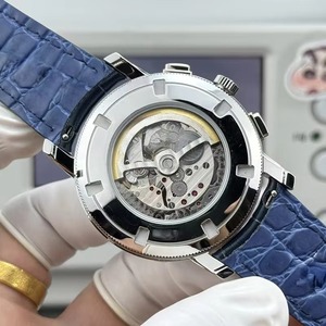 Montre automatique de luxe pour homme, cadran saumon, chronographe, phases de lune, boîtier argenté, bracelet en cuir bleu, modèle 2026, vente chaude - Product Image 5