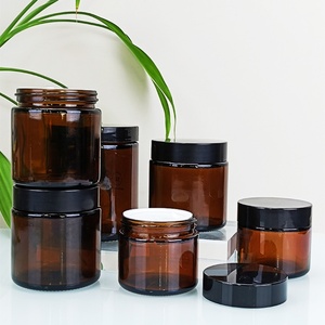 1oz 2oz 4oz 8oz Straight Sided Round Amber Glass Cosmetic <b>Jar</b> with Black Plastic Lid BPA Free Container - Product Image 4